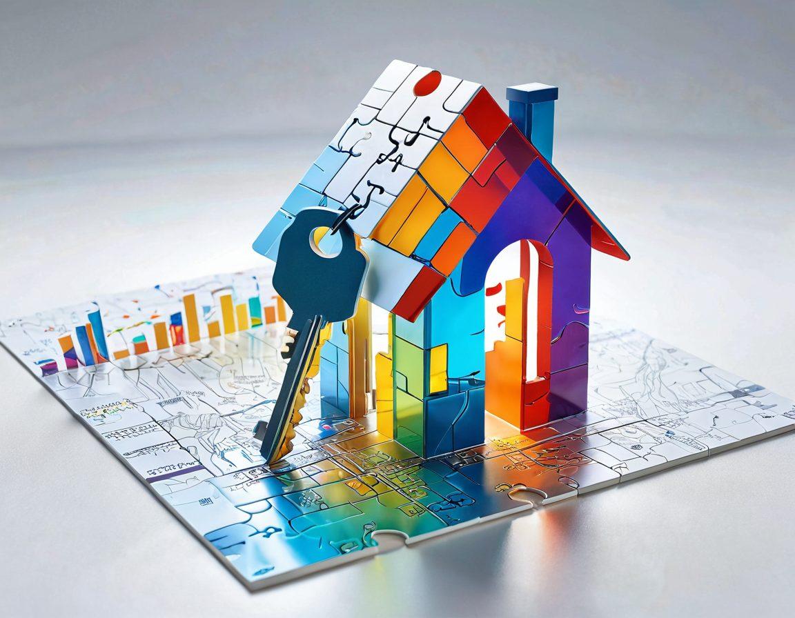 An intricate key unlocking a house-shaped puzzle piece, surrounded by graphs and charts symbolizing market trends and real estate dynamics. A glowing light emanates from the key, highlighting important aspects of smart transactions. The background features a blend of urban and suburban landscapes, showcasing diverse homes. super-realistic. vibrant colors. white background.