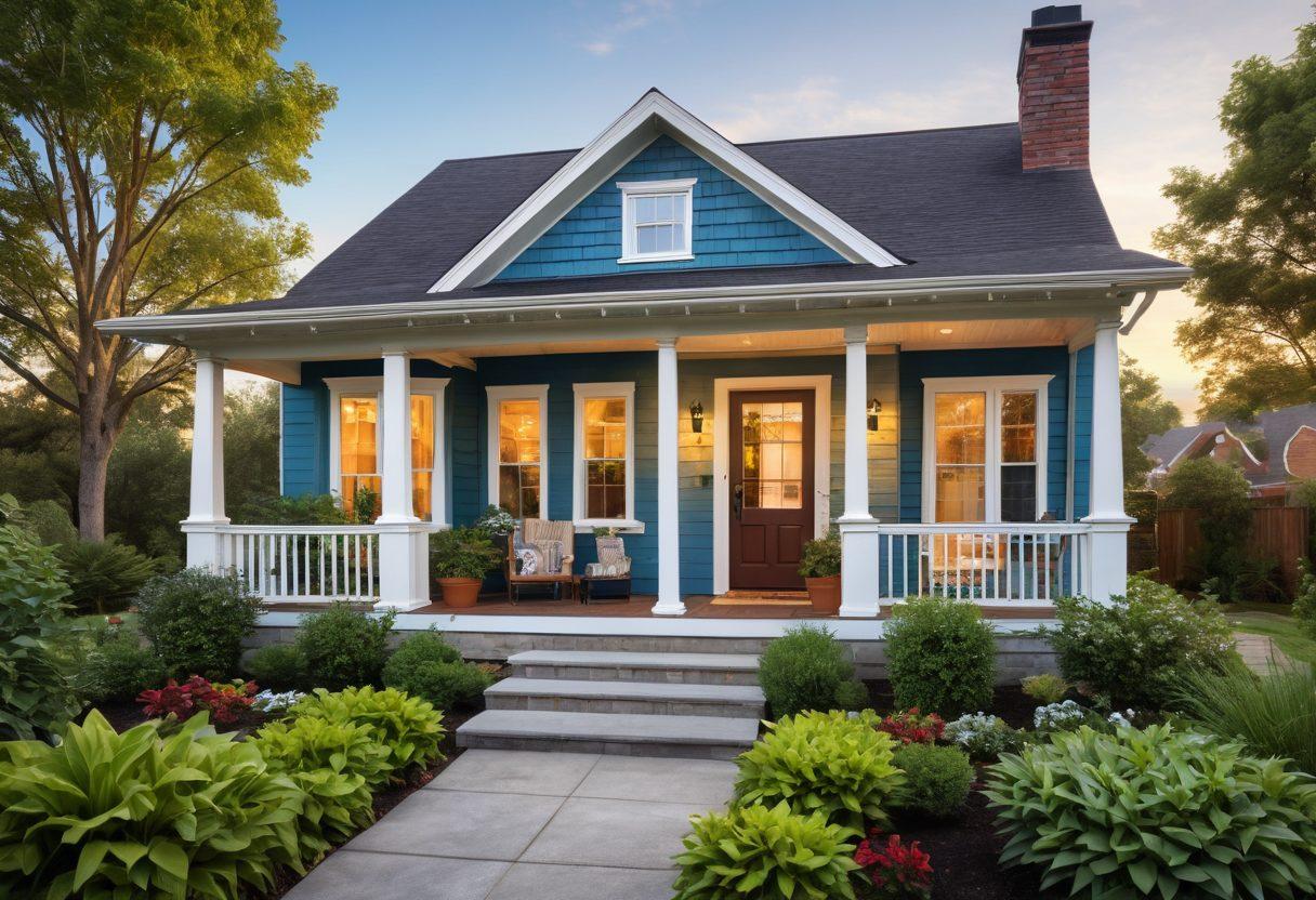 An abstract representation of a cozy home with a welcoming front porch, surrounded by lush greenery and a blue sky. Include visual elements depicting key home buying strategies like checklists, calculators, and roadmaps subtly integrated into the scenery. The atmosphere should evoke a sense of guidance and warmth, encouraging the viewer to explore their home-buying journey. vibrant colors. super-realistic. soft lighting.