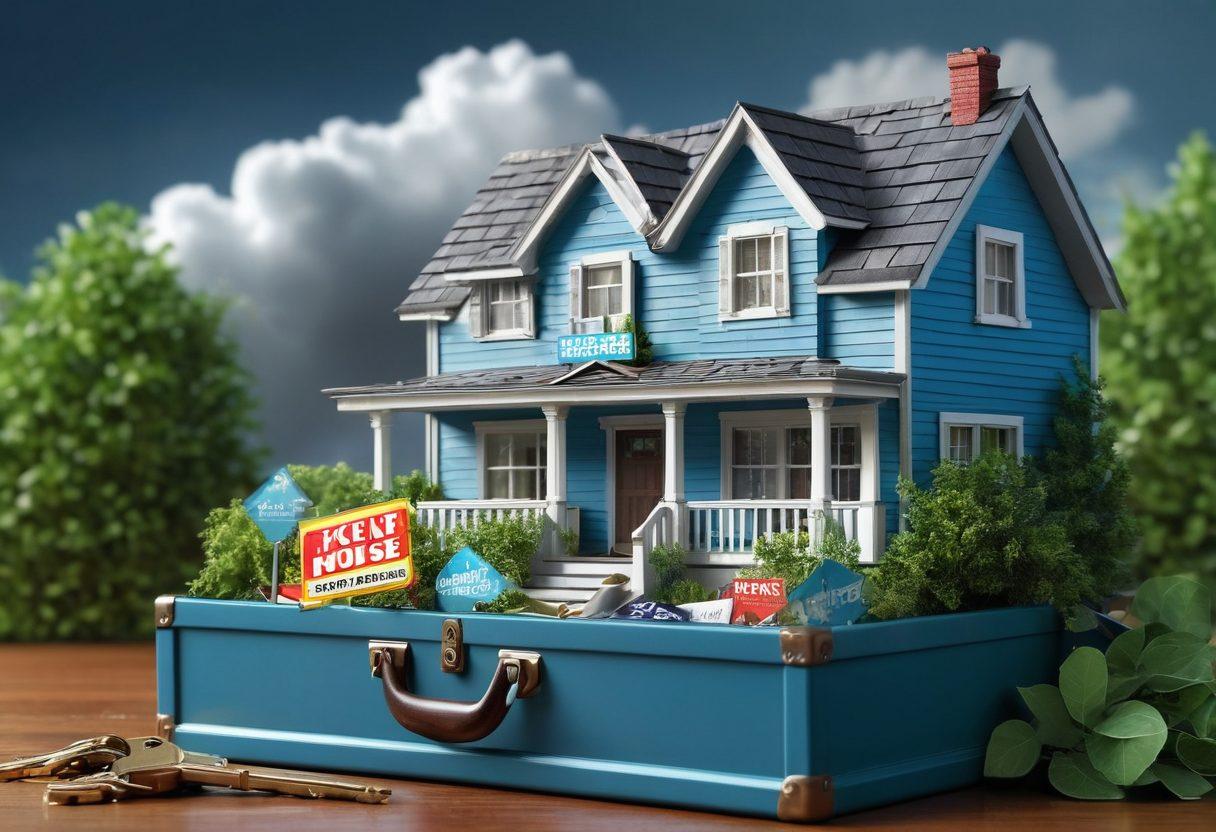 A detailed toolbox overflowing with real estate essentials, featuring items like house keys, miniature houses, a foreclosure sign, and open house banners. The background should have a split scene: a dark, foreclosed house transitioning to a bright, welcoming open house filled with sunlight and greenery. Include a gentle gradient in the sky transitioning from stormy clouds to a sunny blue. super-realistic. vibrant colors. 3D.